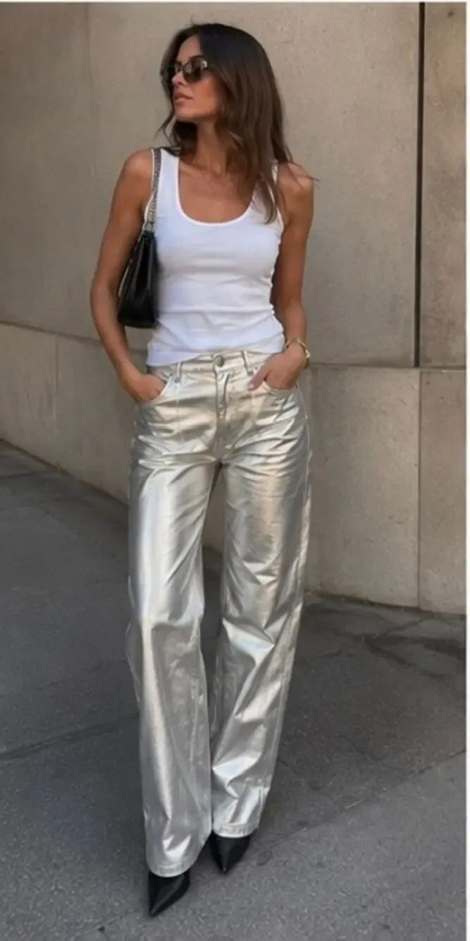 MUUBAA Amy Straight Leg Silver Metallic Leather Pants NWT US6 UK10 EU38